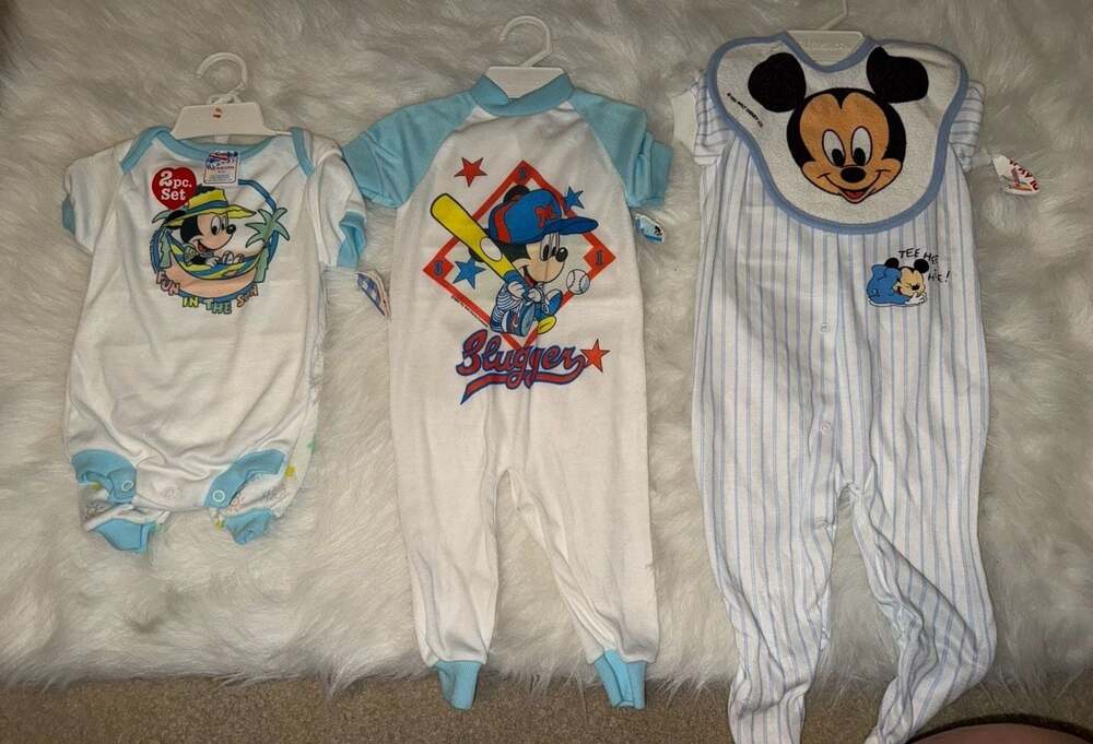 Vintage 1984 Disney Playskool Mickey Mouse Baby Romper and Bib Set Lot of 3